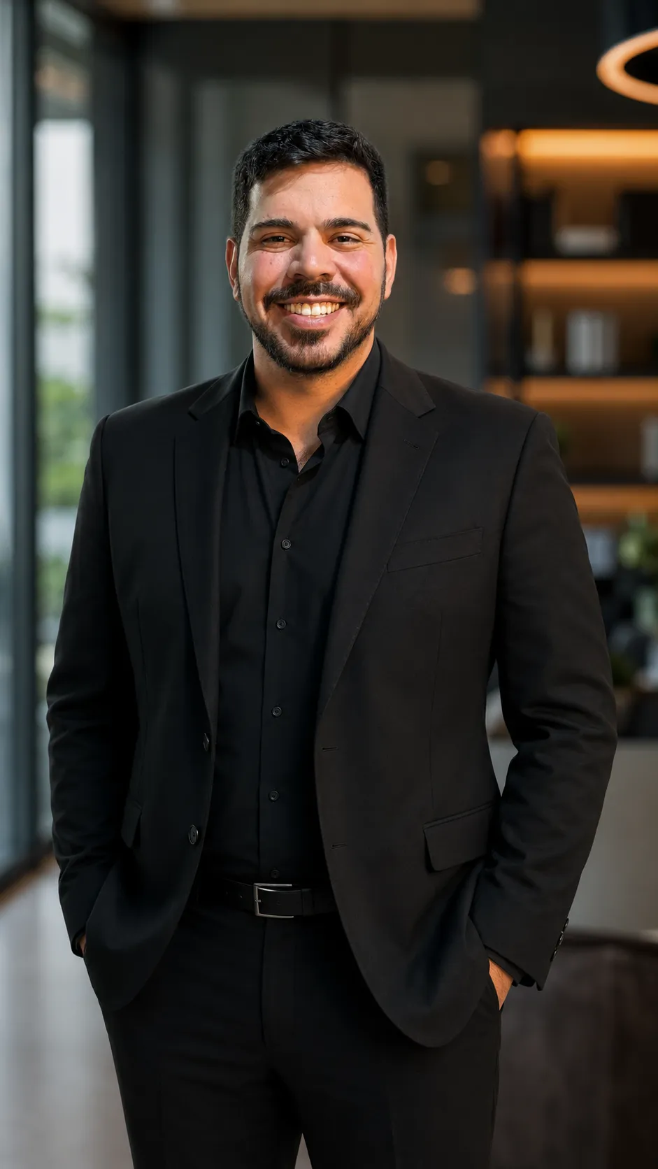 Rafael Murmura, sorrindo, em traje social
